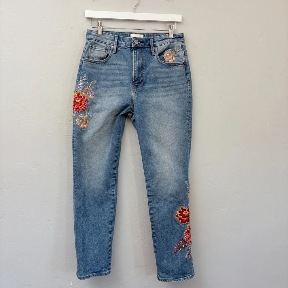 Driftwood Stella Jeans Women Size 27 Blue Floral Embroidered Straight Ankle